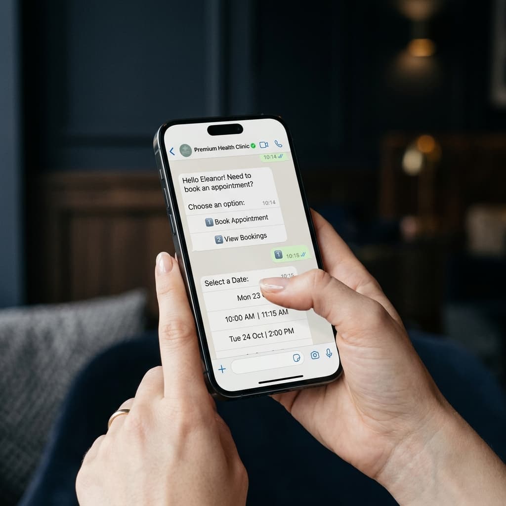 AI-generated image for illustrative purposes Patient scheduling appointment via WhatsApp on smartphone